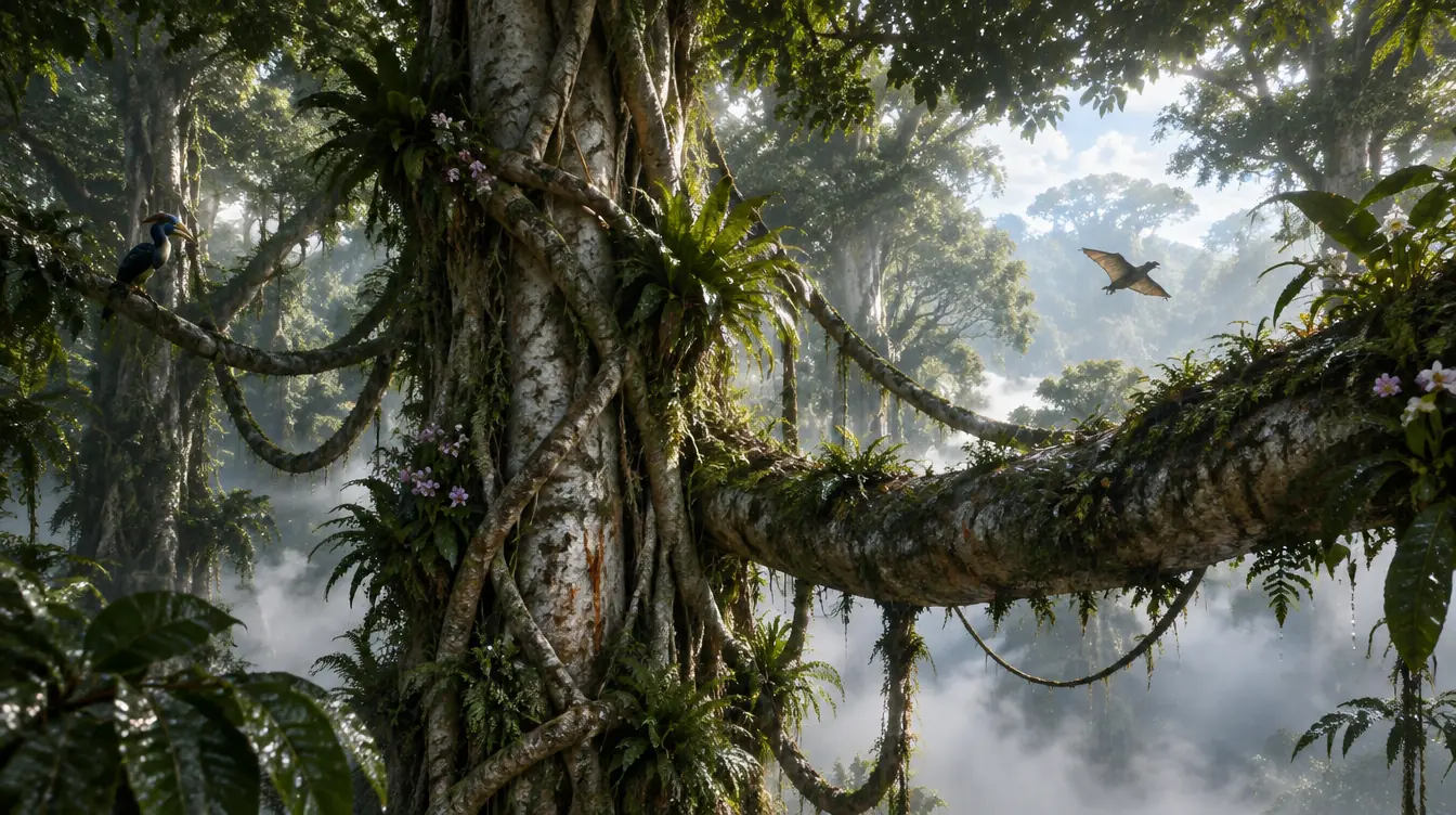 Lapis batang, pohon raksasa dibelit akar ara, dahan melintang di atas kabut