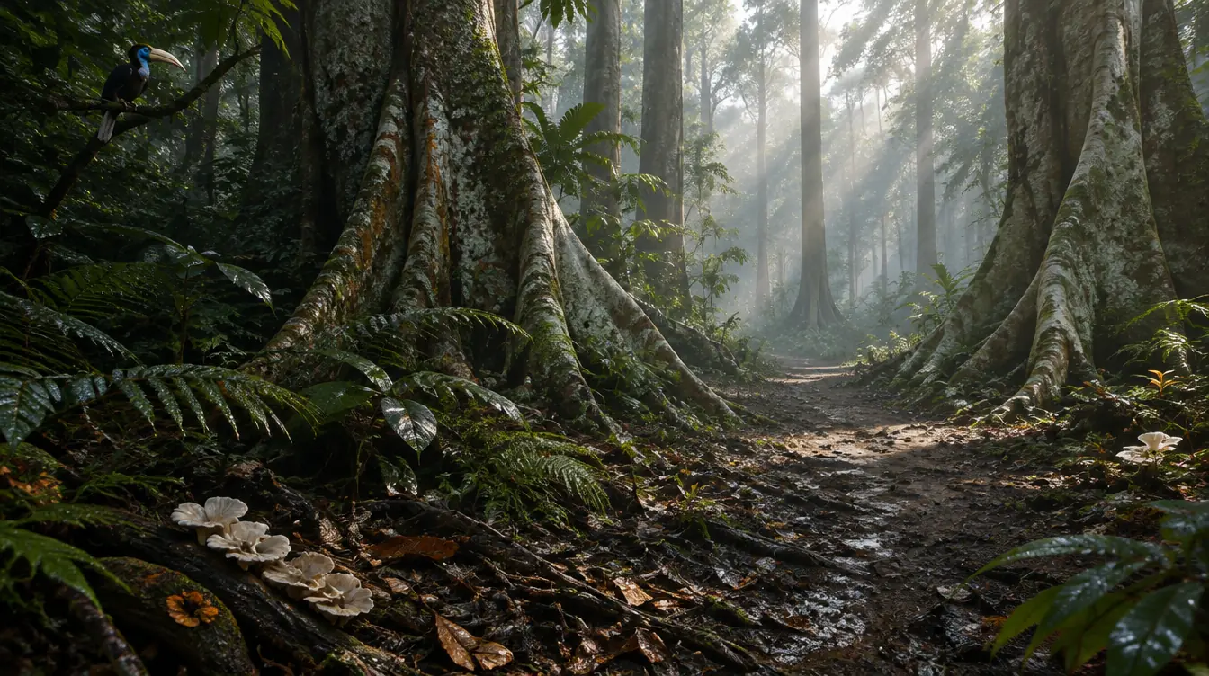 Dasar hutan berkabut di antara akar papan raksasa, jalur lumpur menuju kabut