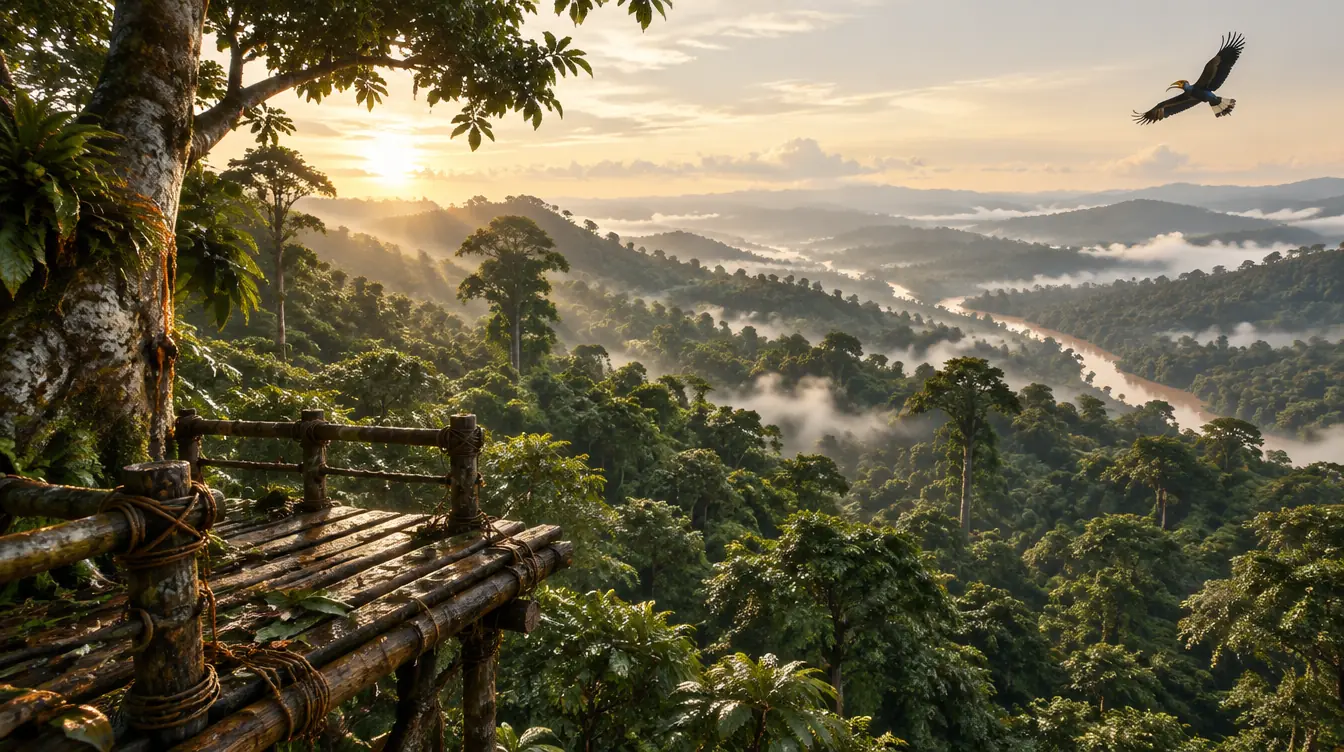 Panggung rotan di puncak pohon, lautan kanopi dan sungai di kejauhan saat matahari terbit