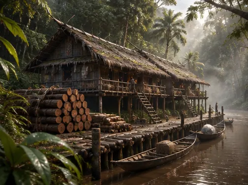 Rumah panjang dengan dermaga dan tumpukan kayu