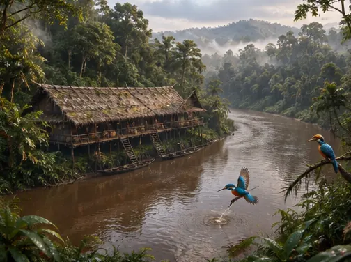 Rumah panjang di tikungan sungai, burung raja udang di atas air
