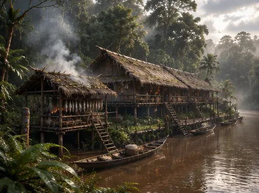 Rumah panjang dengan asap dari rumah pengasapan di tepi sungai
