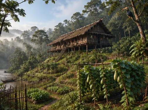 Rumah panjang di bukit kecil di atas kebun