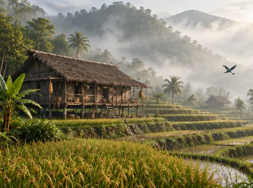 Rumah panjang di samping sawah bukit berkabut