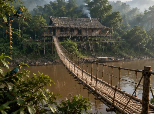 Rumah panjang dengan jembatan gantung bambu ke seberang