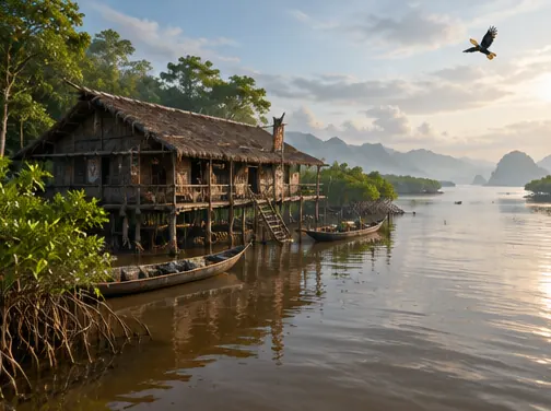 Rumah panjang di muara sungai yang tenang